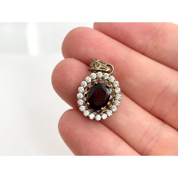 Smokey Quartz & CZ Faceted Halo Sterling Silver 925 Vintage Pendant - Picture 7 of 9